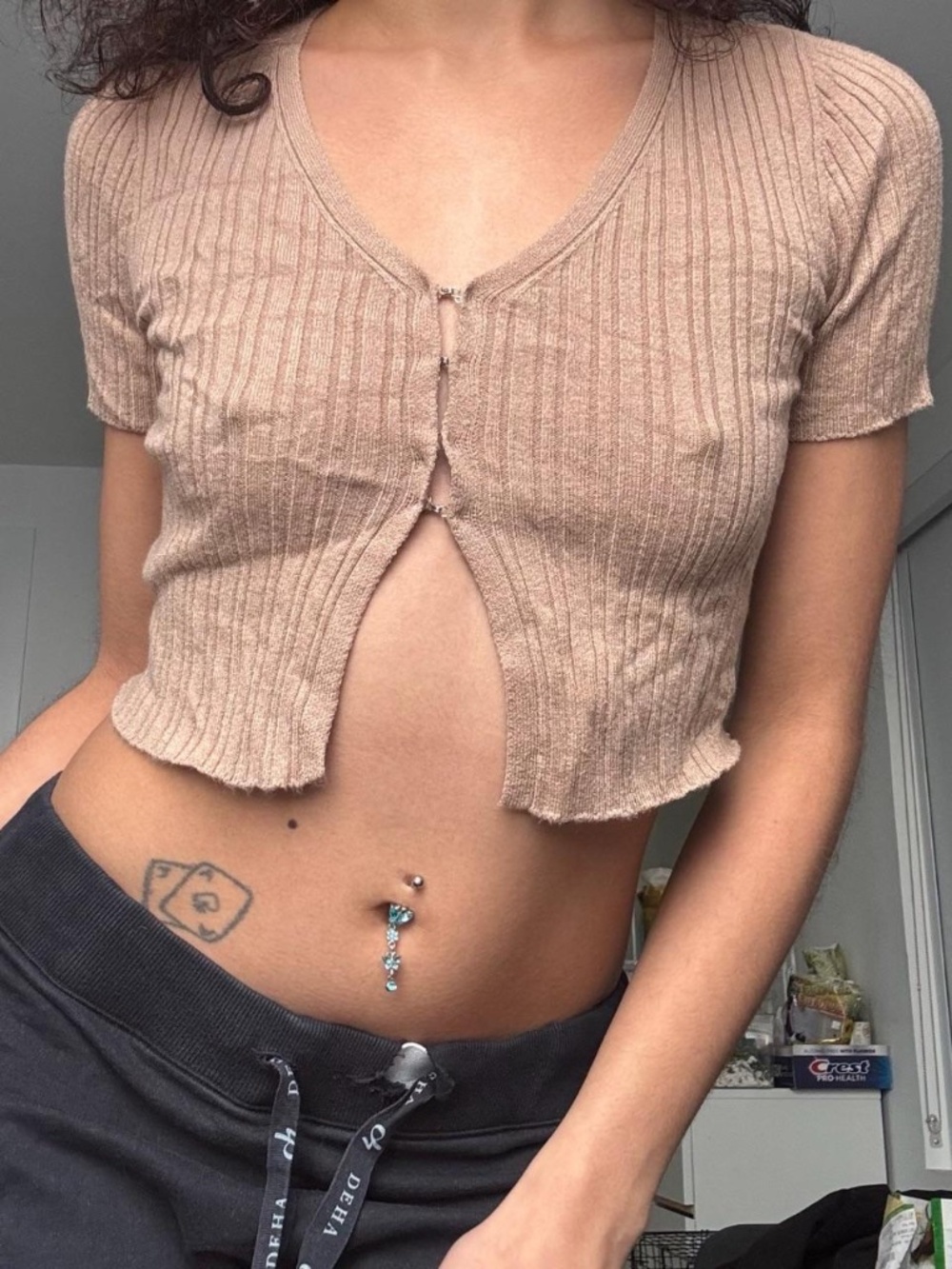 Tan Ribbed Crop Top w/ hook & eye closures